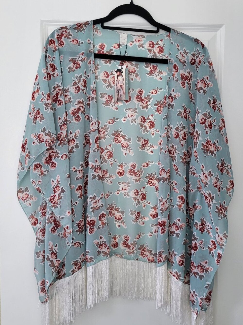 Do Everything In Love Floral Fringe Kimono Cardigan Shrug Mint Sage O/S NWT
